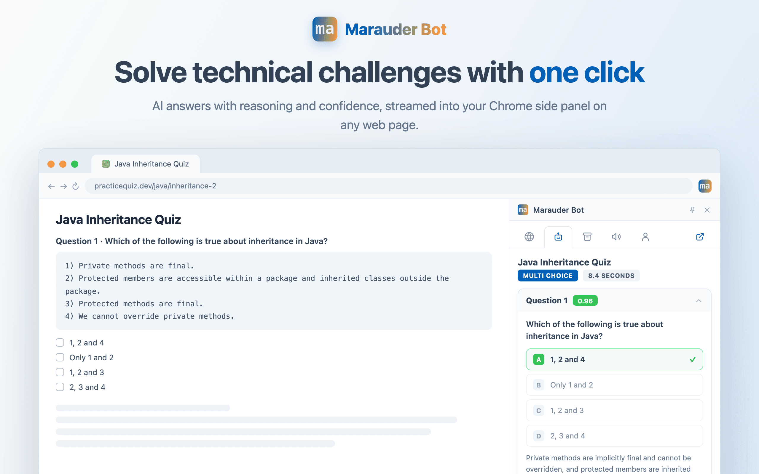 The Marauder Bot side panel showing a solved answer next to a quiz page