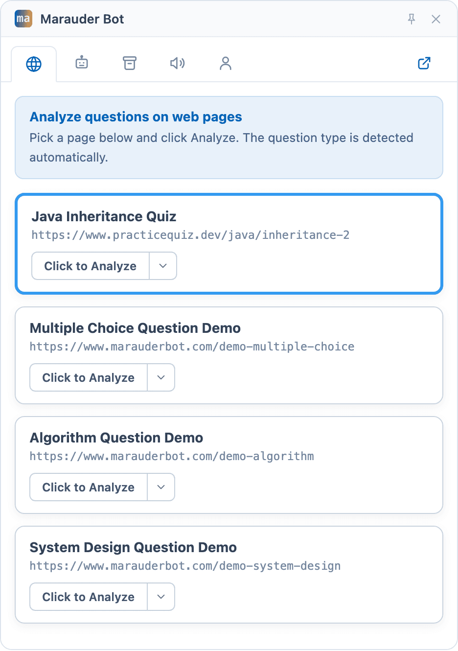 The Pages tab listing open tabs, with a Click to Analyze button