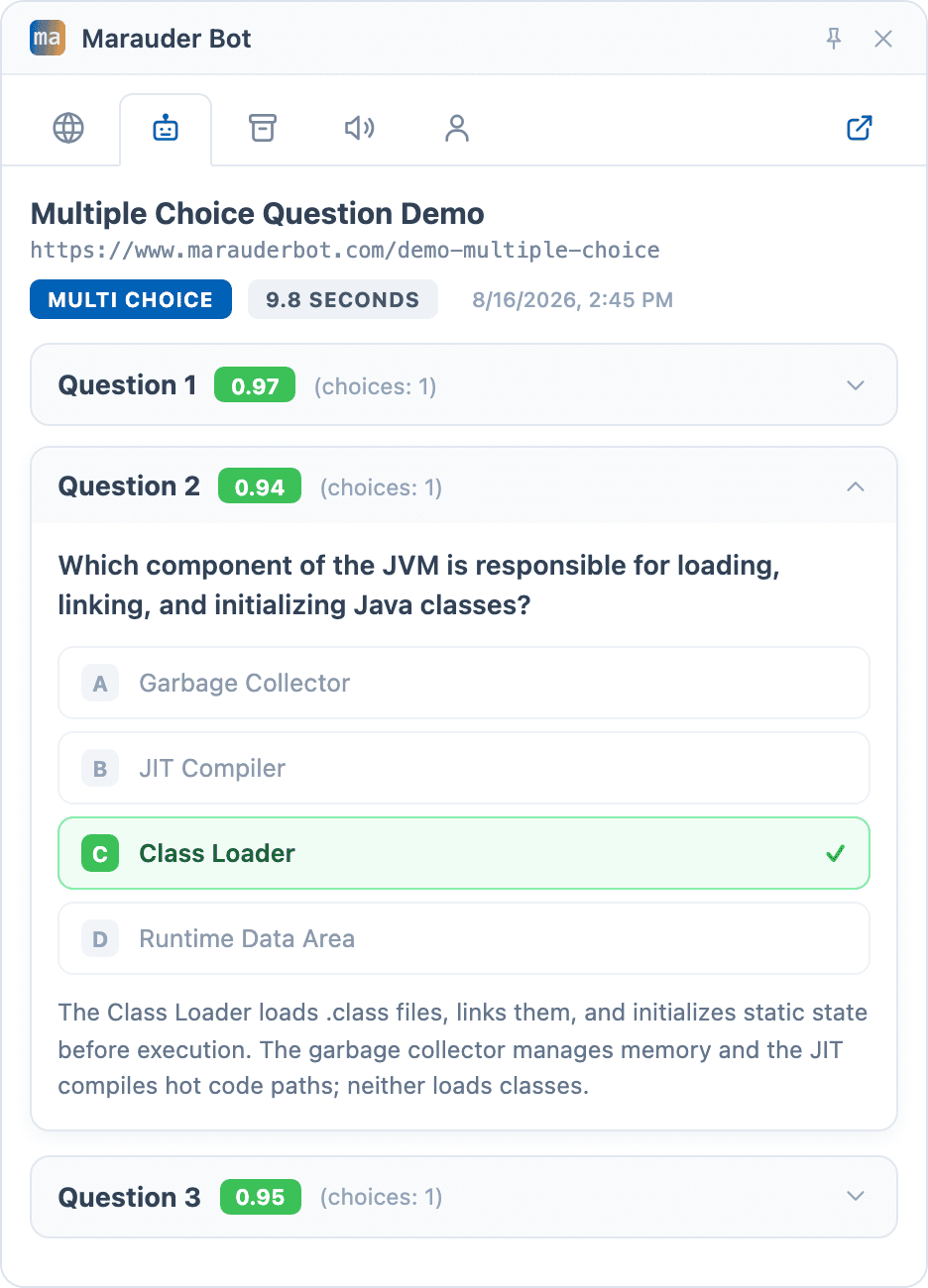 The Analysis tab streaming multiple-choice answers with reasoning and confidence